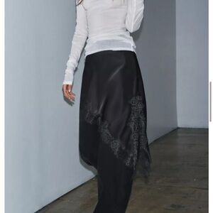 Zara Black Satin Asymmetrical Lace-Trim Skirt